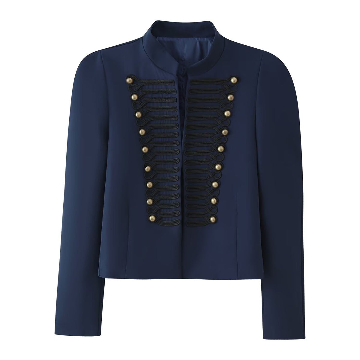 Embroidered knot button decoration long sleeved stand up collar jacket for women