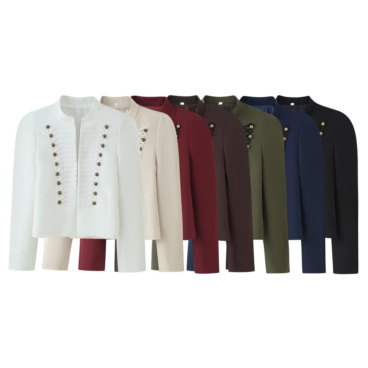 Embroidered knot button decoration long sleeved stand up collar jacket for women