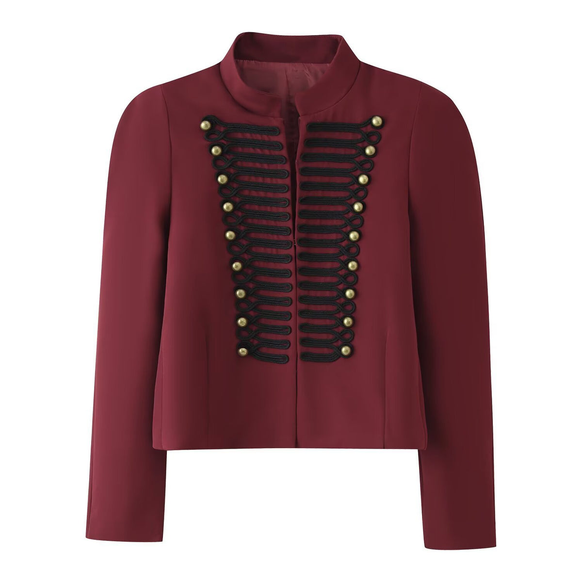 Embroidered knot button decoration long sleeved stand up collar jacket for women