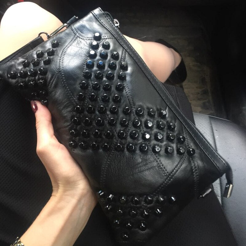 Fashion Genuine Leather Women Bag Messenger Bags Rivet Shoulder Bag Clutch High Quality Crossbody Bags Female Purse Bolsas