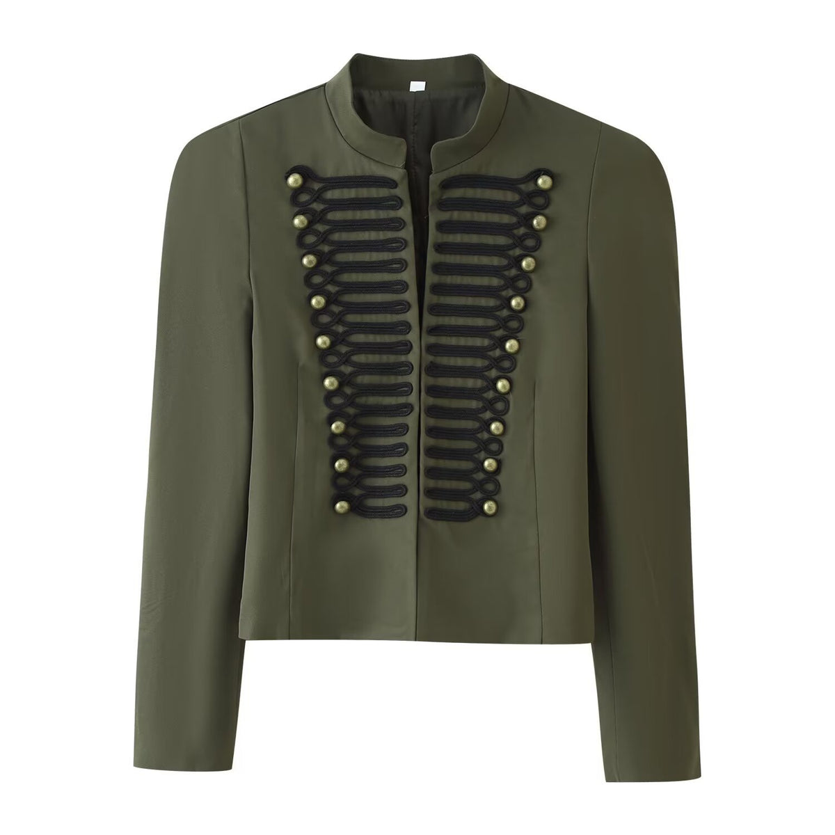 Embroidered knot button decoration long sleeved stand up collar jacket for women