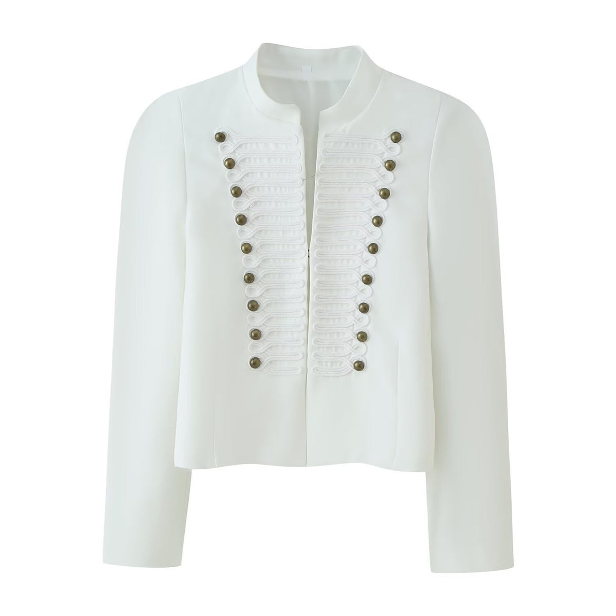 Embroidered knot button decoration long sleeved stand up collar jacket for women
