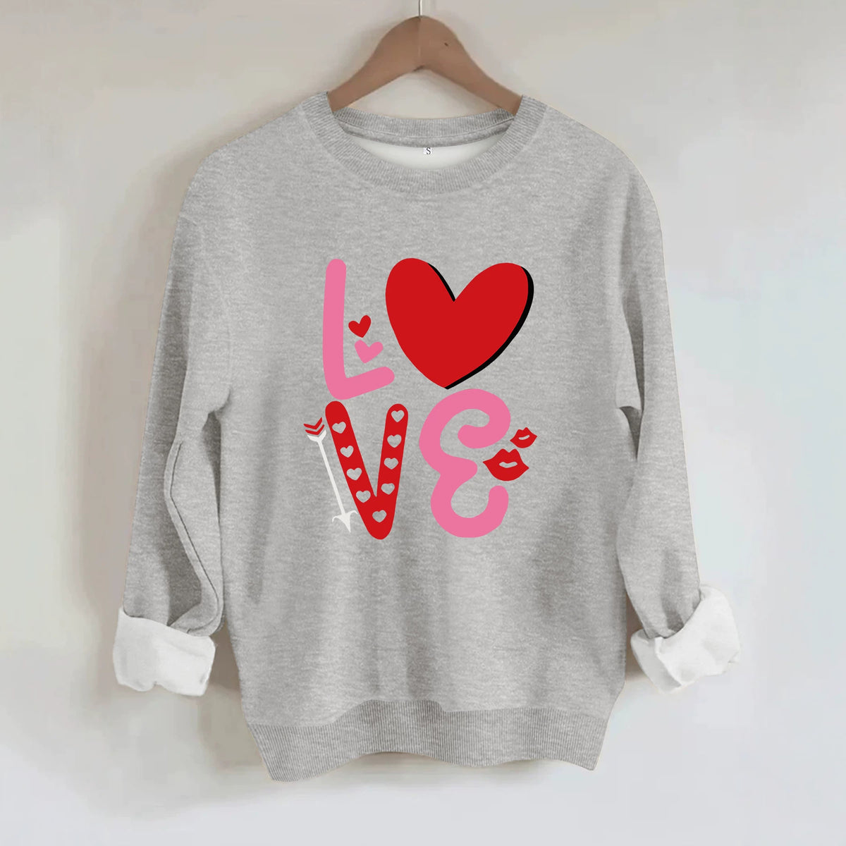 Love pattern printed round neck fleece hoodie