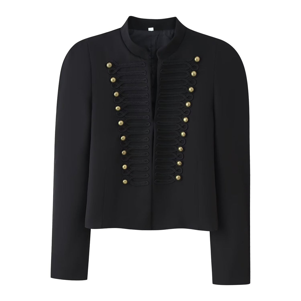 Embroidered knot button decoration long sleeved stand up collar jacket for women