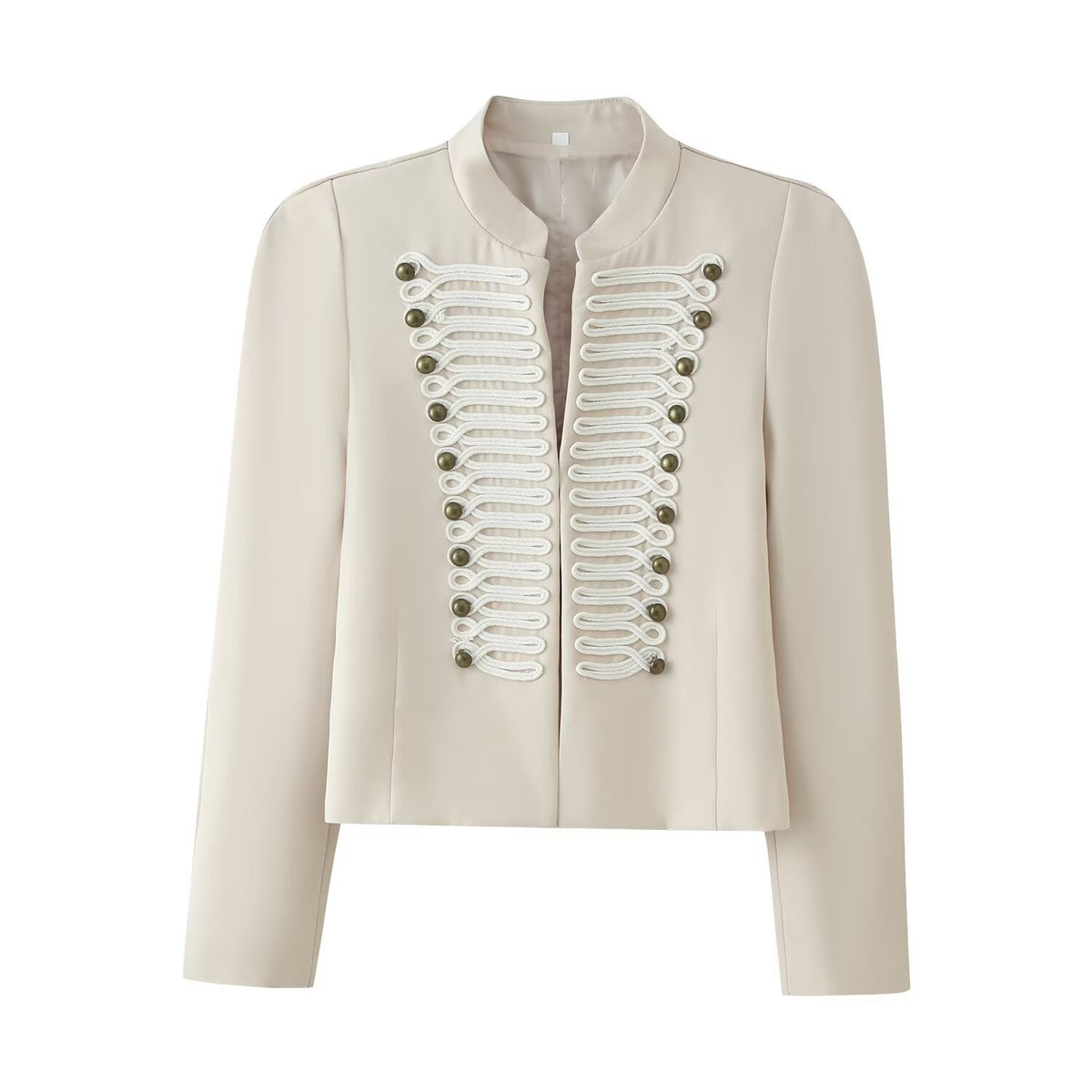 Embroidered knot button decoration long sleeved stand up collar jacket for women