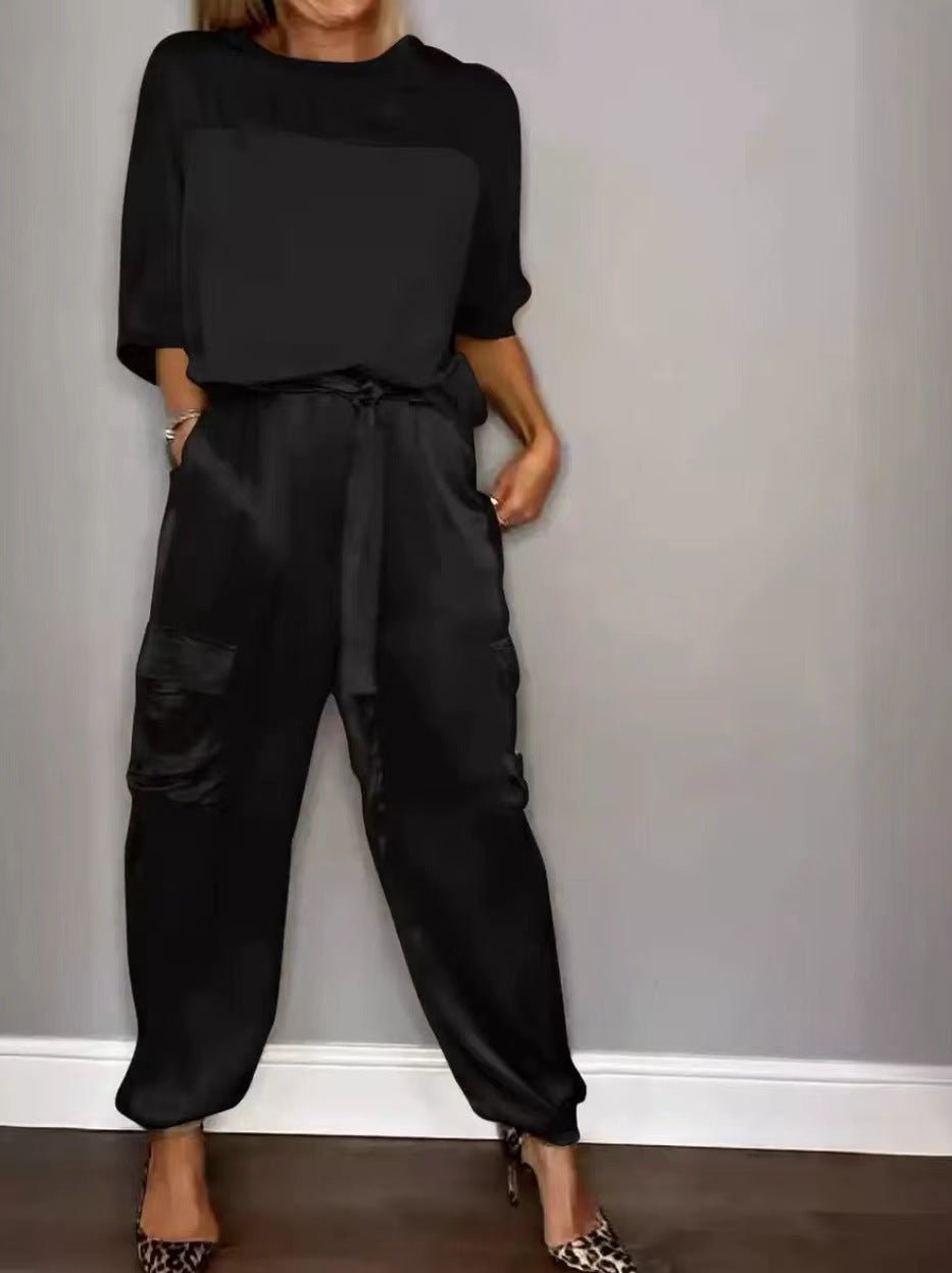 Damen Satin Zweiteiler – Elegantes Set mit Kurzarm-Oberteil & Hose, Glänzend & Bequem {{ DaniFest }}