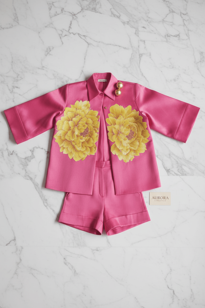 Luxus Satin Jacke & Shorts Set – Florales Print Design {{ DaniFest }}
