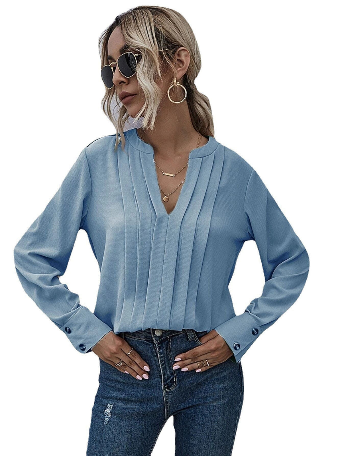 Pullover mit Plissee-Details, V-Ausschnitt und Langarm {{ DaniFest }}