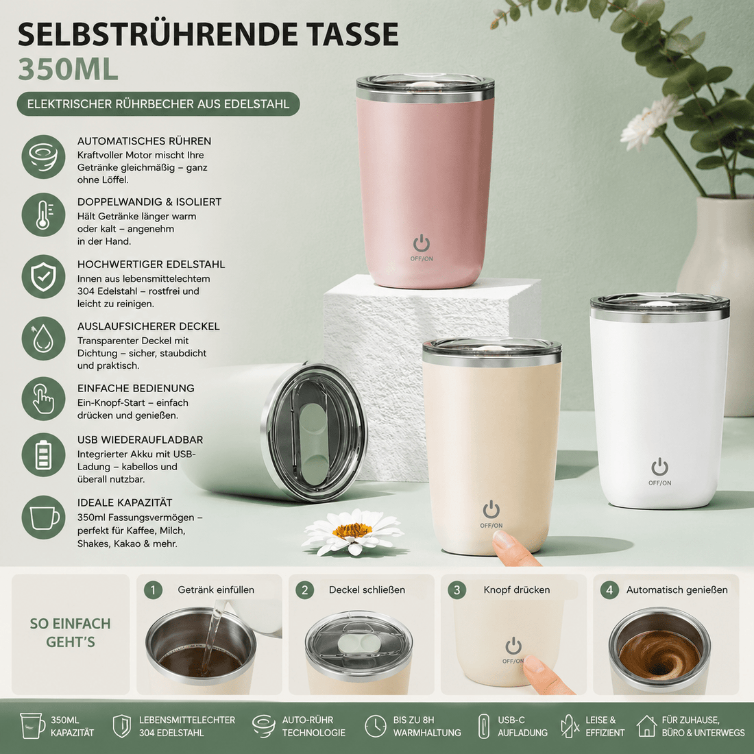 Selbstumrührender Becher 350 ml – Automatischer Mischbecher für Kaffee, Tee & Protein {{ DaniFest }}