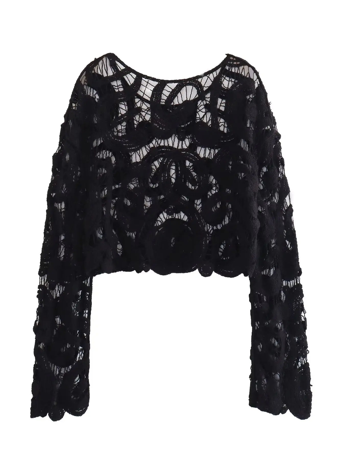 Women Crochet Knitted Hollow Out Blouses Long Sleeve Crop Tops Black Khaki Shirts