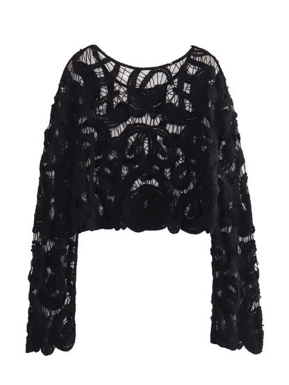Women Crochet Knitted Hollow Out Blouses Long Sleeve Crop Tops Black Khaki Shirts