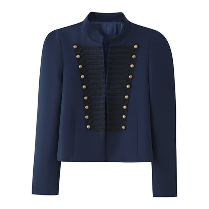 Embroidered knot button decoration long sleeved stand up collar jacket for women