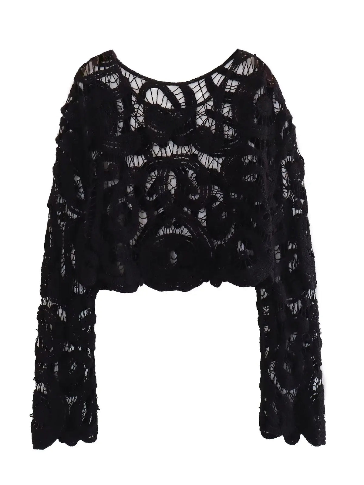 Women Crochet Knitted Hollow Out Blouses Long Sleeve Crop Tops Black Khaki Shirts