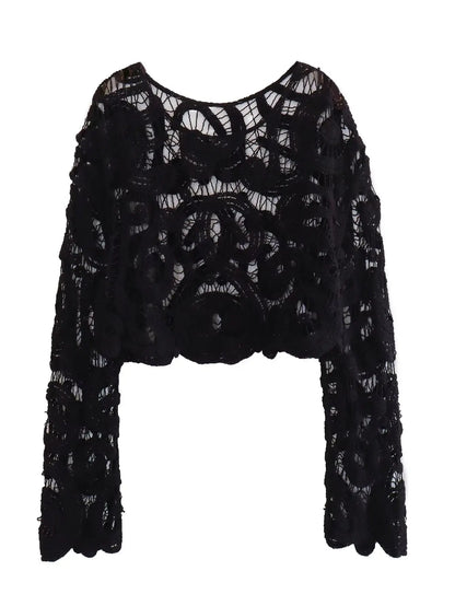 Women Crochet Knitted Hollow Out Blouses Long Sleeve Crop Tops Black Khaki Shirts