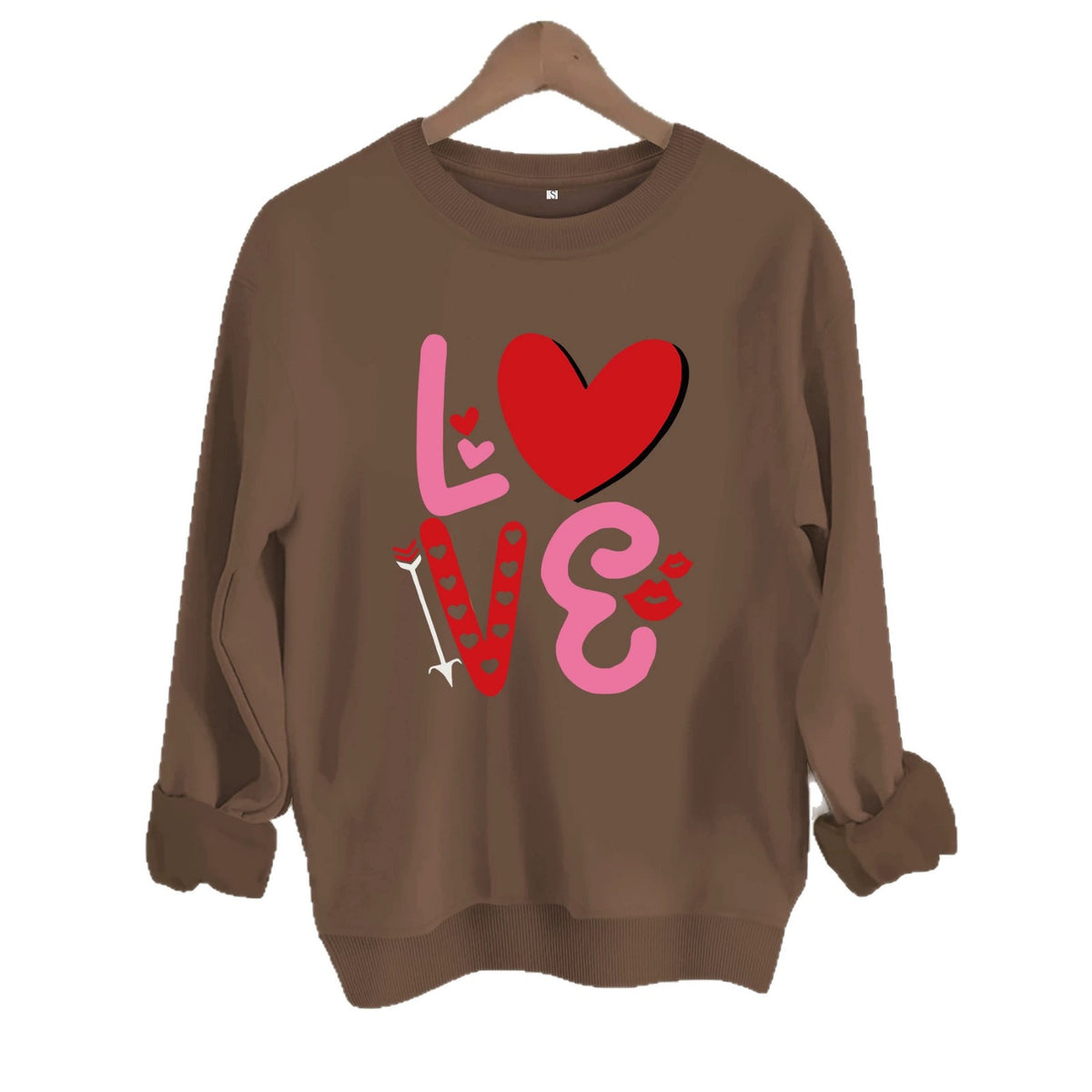 Love pattern printed round neck fleece hoodie