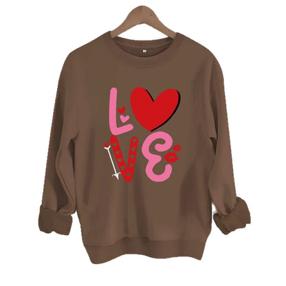 Love pattern printed round neck fleece hoodie