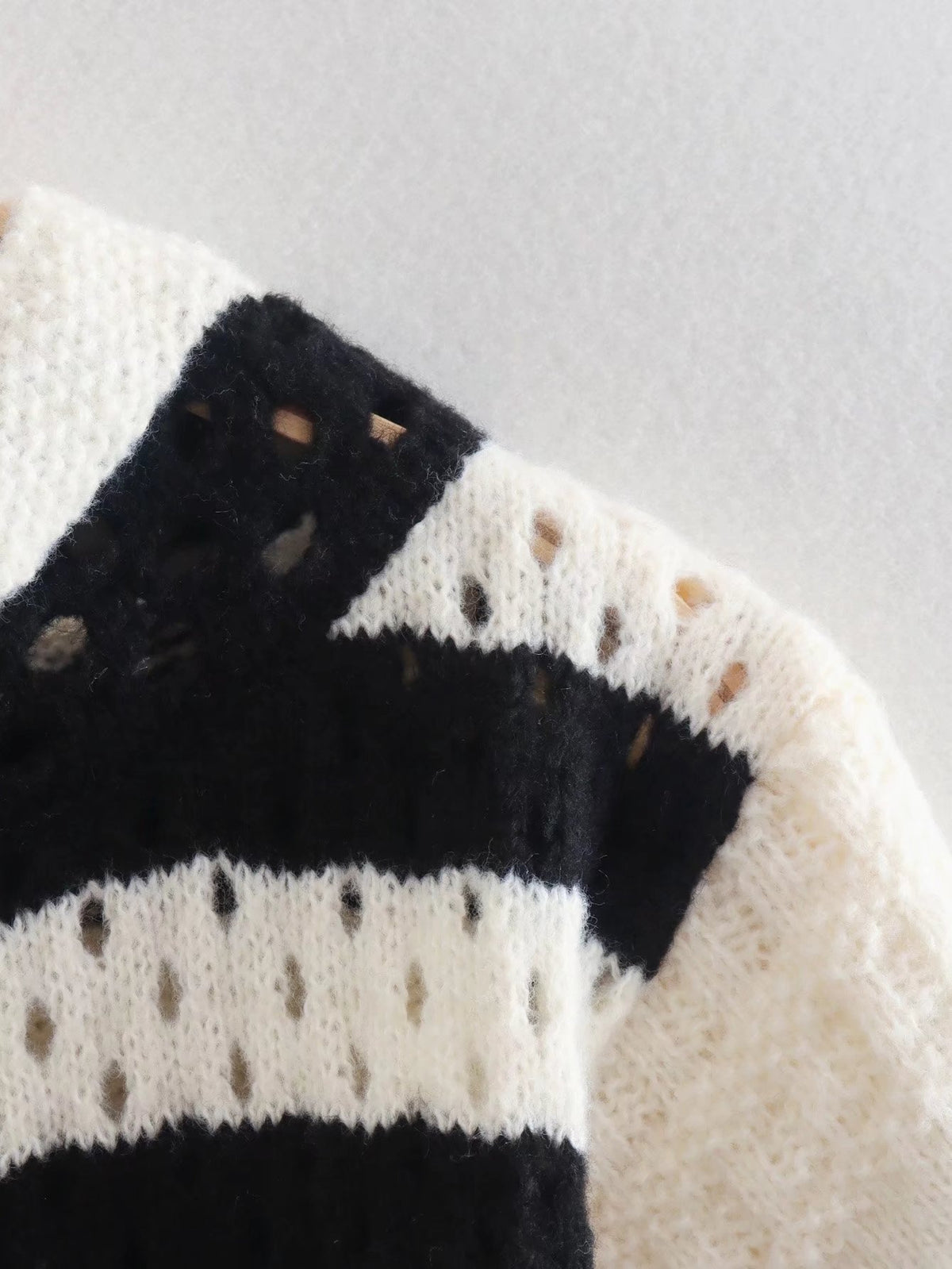 Women Fashion Striped Loose Crop Pointelle Knit Sweater Vintage O Neck Long Sleeve Female Pullovers Chic Tops
