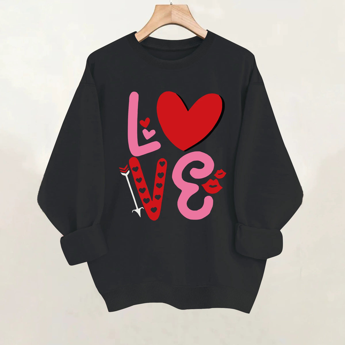 Love pattern printed round neck fleece hoodie