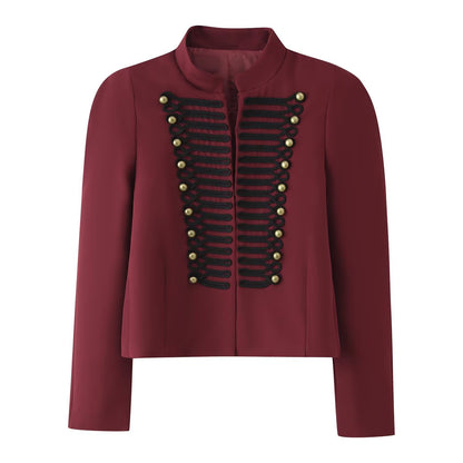 Embroidered knot button decoration long sleeved stand up collar jacket for women
