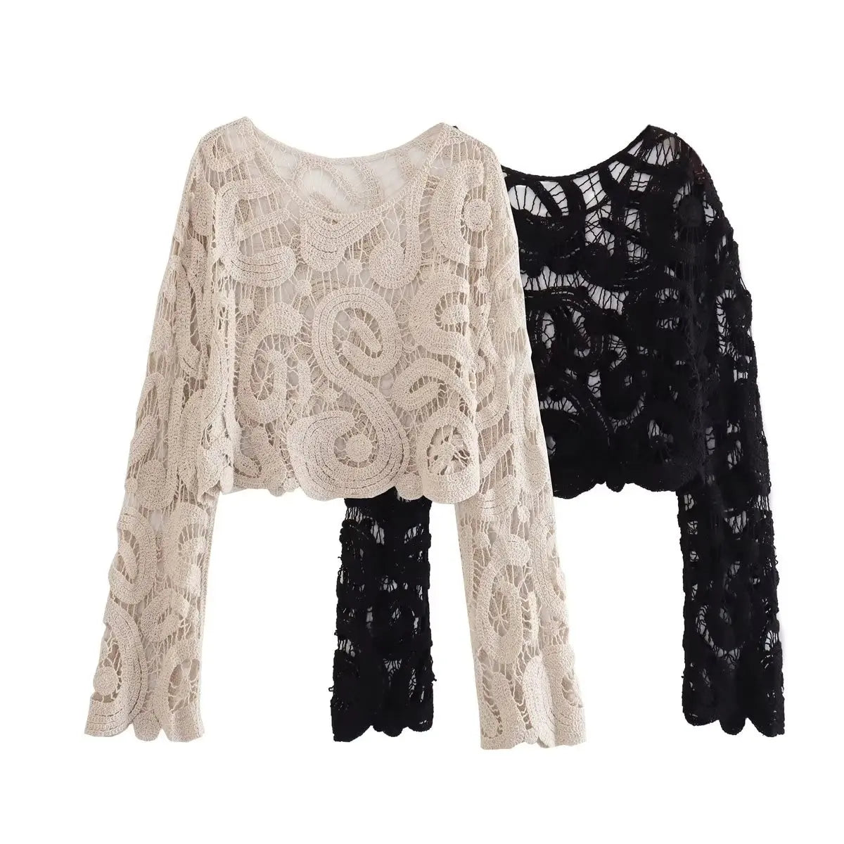 Women Crochet Knitted Hollow Out Blouses Long Sleeve Crop Tops Black Khaki Shirts