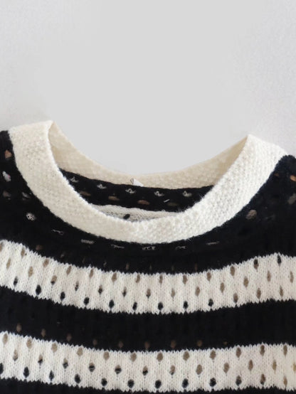 Women Fashion Striped Loose Crop Pointelle Knit Sweater Vintage O Neck Long Sleeve Female Pullovers Chic Tops