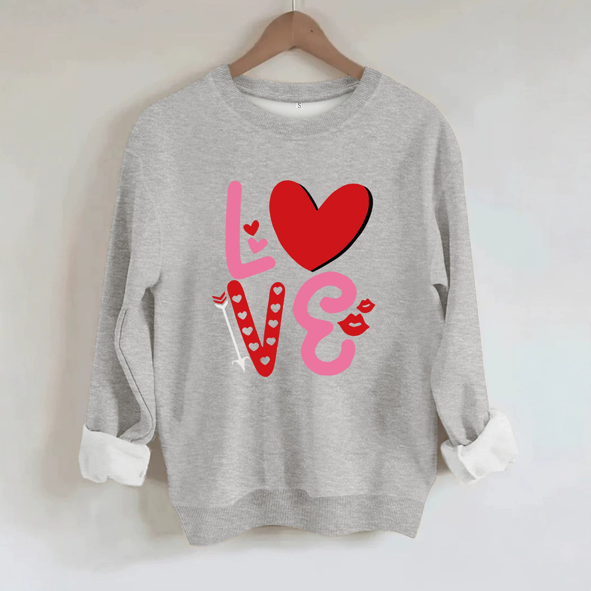 Love pattern printed round neck fleece hoodie