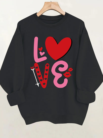 Love pattern printed round neck fleece hoodie