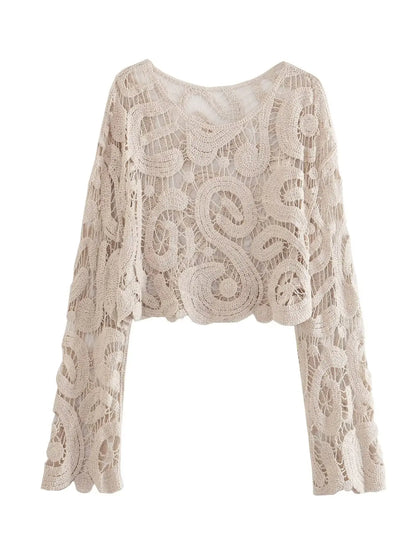 Women Crochet Knitted Hollow Out Blouses Long Sleeve Crop Tops Black Khaki Shirts