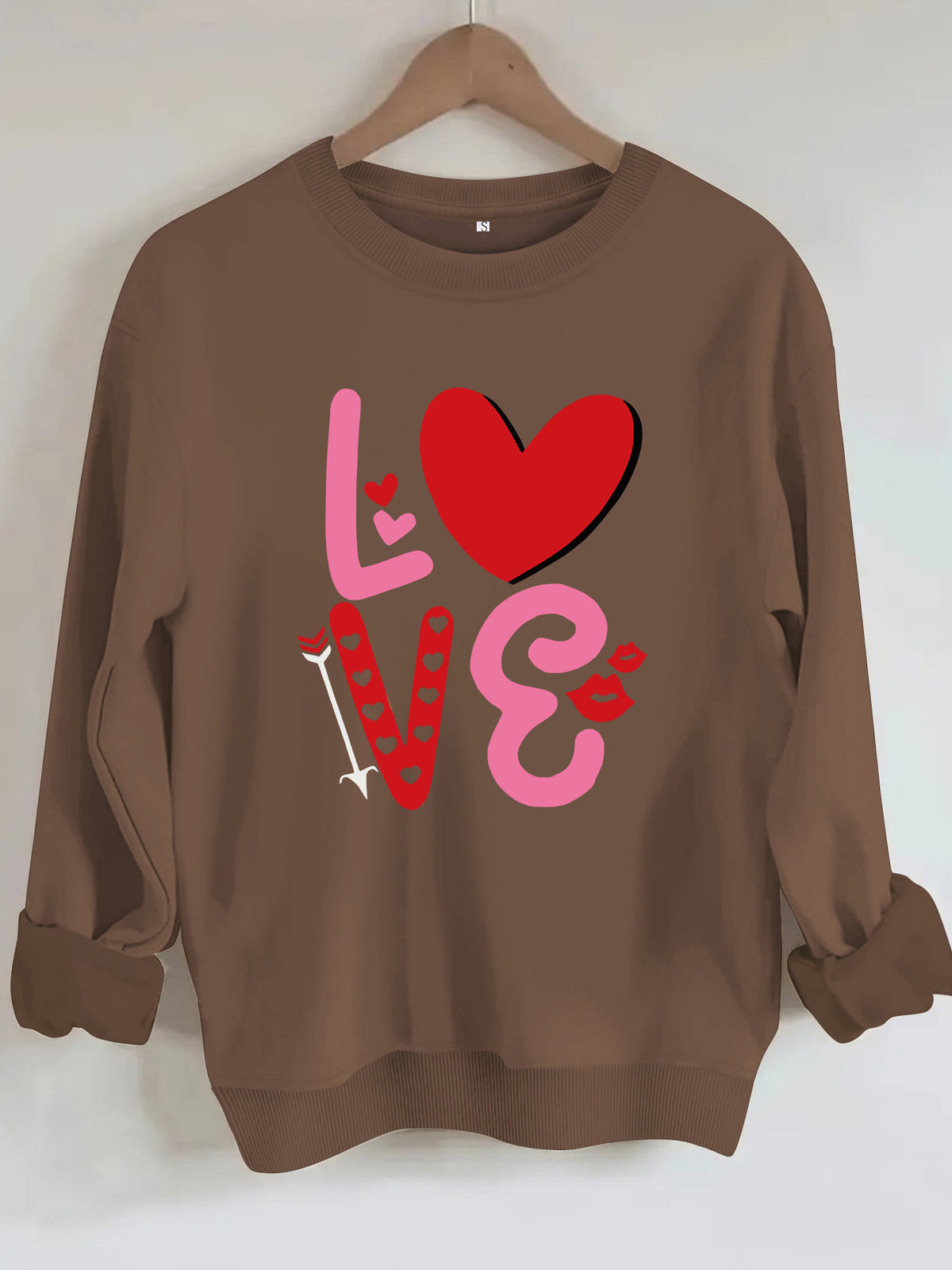 Love pattern printed round neck fleece hoodie