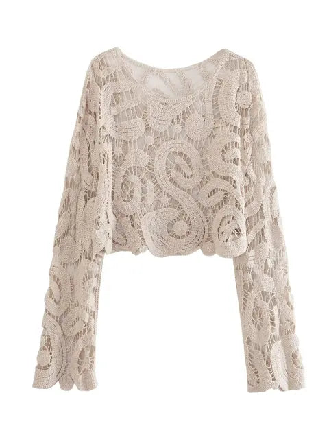Women Crochet Knitted Hollow Out Blouses Long Sleeve Crop Tops Black Khaki Shirts