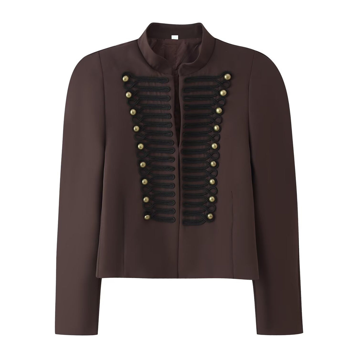 Embroidered knot button decoration long sleeved stand up collar jacket for women
