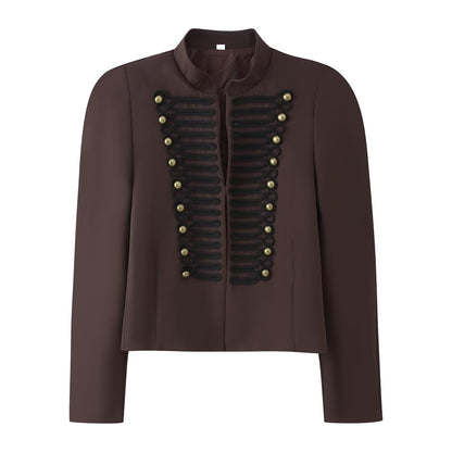 Embroidered knot button decoration long sleeved stand up collar jacket for women