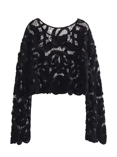 Women Crochet Knitted Hollow Out Blouses Long Sleeve Crop Tops Black Khaki Shirts