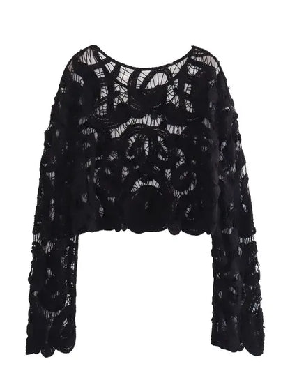 Women Crochet Knitted Hollow Out Blouses Long Sleeve Crop Tops Black Khaki Shirts