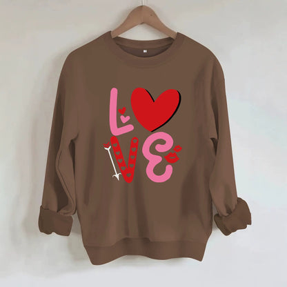 Love pattern printed round neck fleece hoodie