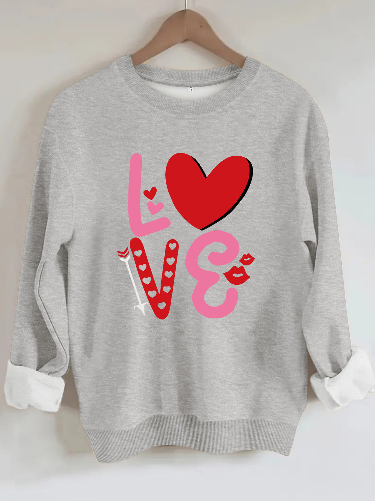 Love pattern printed round neck fleece hoodie