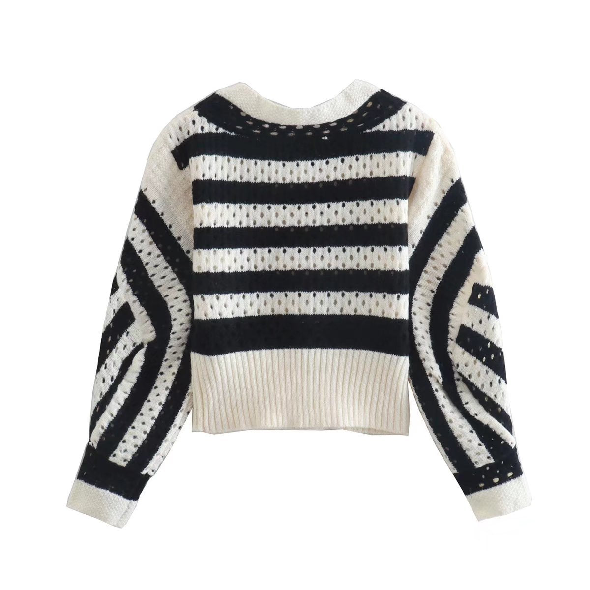 Women Fashion Striped Loose Crop Pointelle Knit Sweater Vintage O Neck Long Sleeve Female Pullovers Chic Tops
