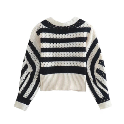 Women Fashion Striped Loose Crop Pointelle Knit Sweater Vintage O Neck Long Sleeve Female Pullovers Chic Tops