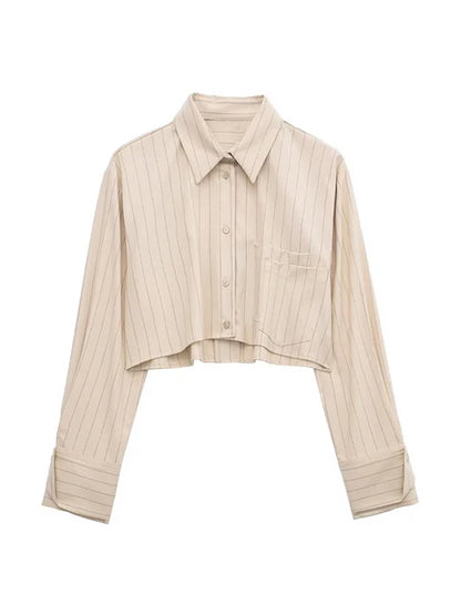 Women Fashion With Pocket Pinstripe Crop Shirts Vintage Long Sleeve Front Button Female Blouses Blusas Chic Tops