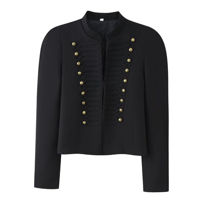 Embroidered knot button decoration long sleeved stand up collar jacket for women