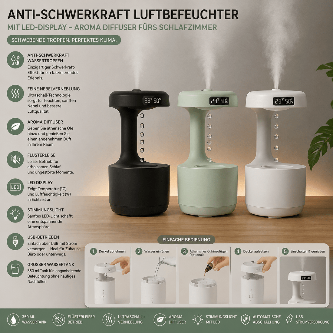 Anti-Schwerkraft Luftbefeuchter mit LED – Ultrasonic Aroma Diffuser fürs Schlafzimmer, Leise &amp; Modern {{ DaniFest }}