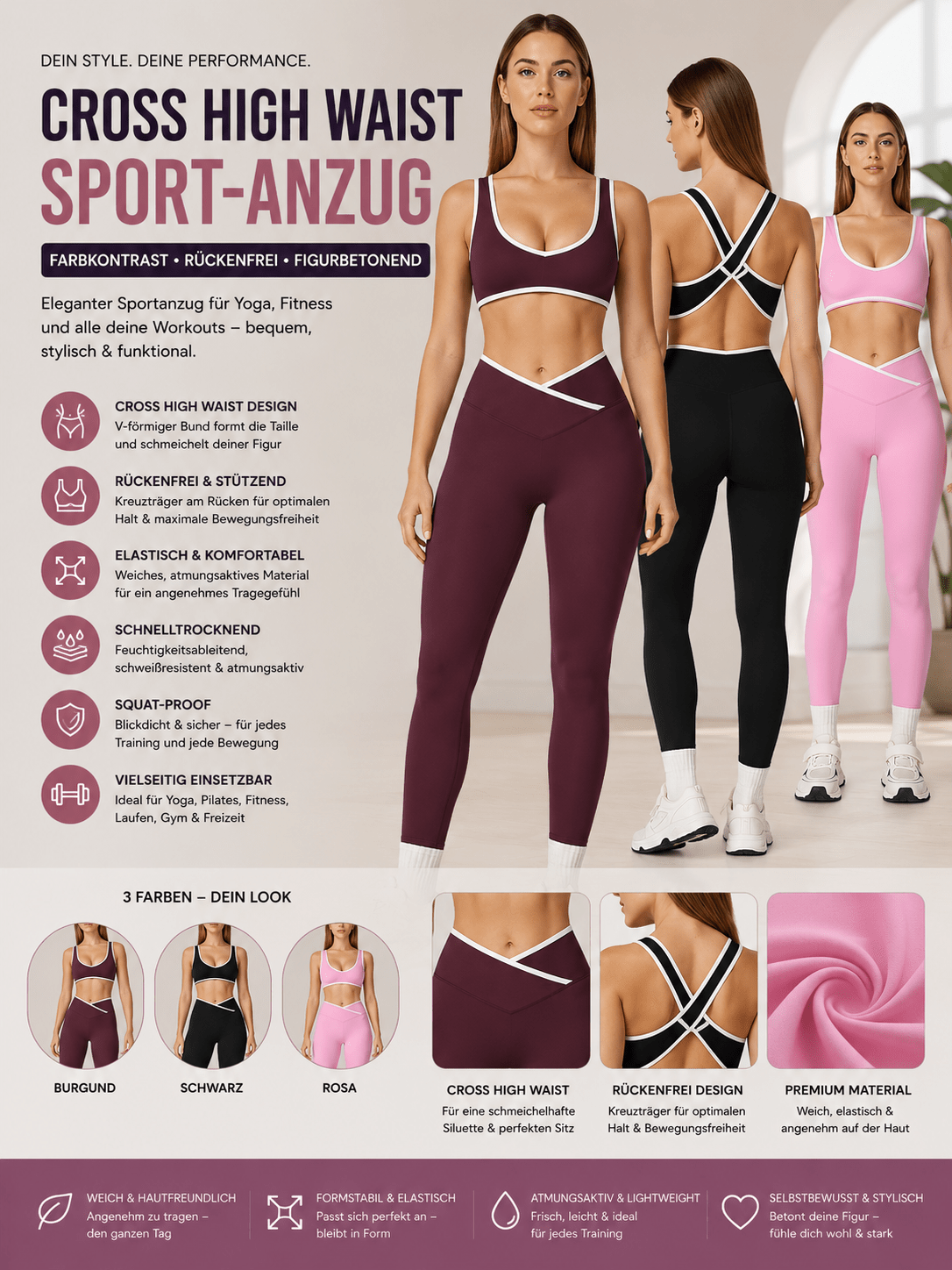 Cross High Waist Sport-Anzug für Damen – Farbkontrast, Rückenfrei, Figurbetonter Yoga-Anzug {{ DaniFest }}