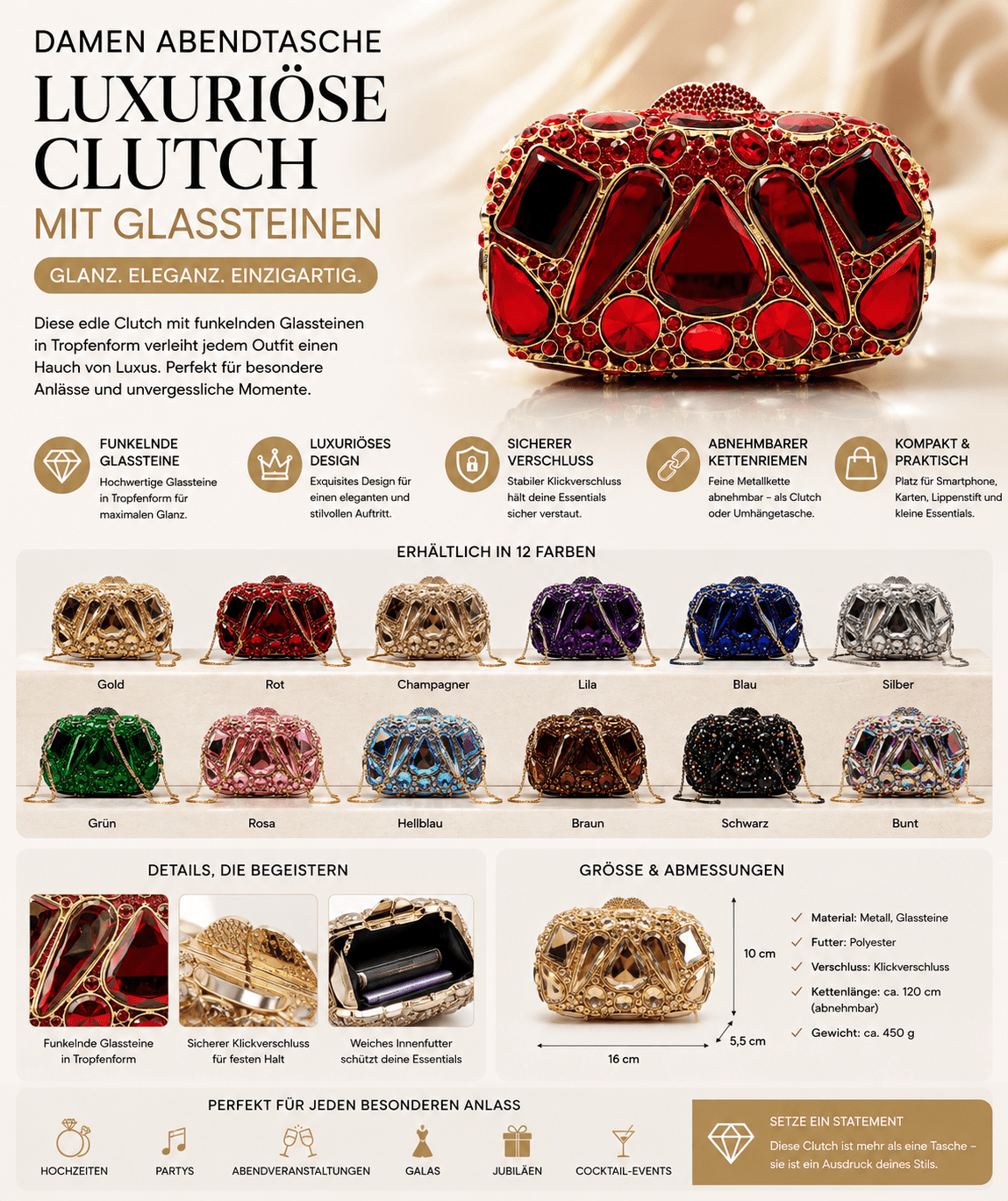Damen Abendtasche Clutch – Luxuriöse Tropfenform mit Glassteinen, Elegante Handtasche für Events {{ DaniFest }}
