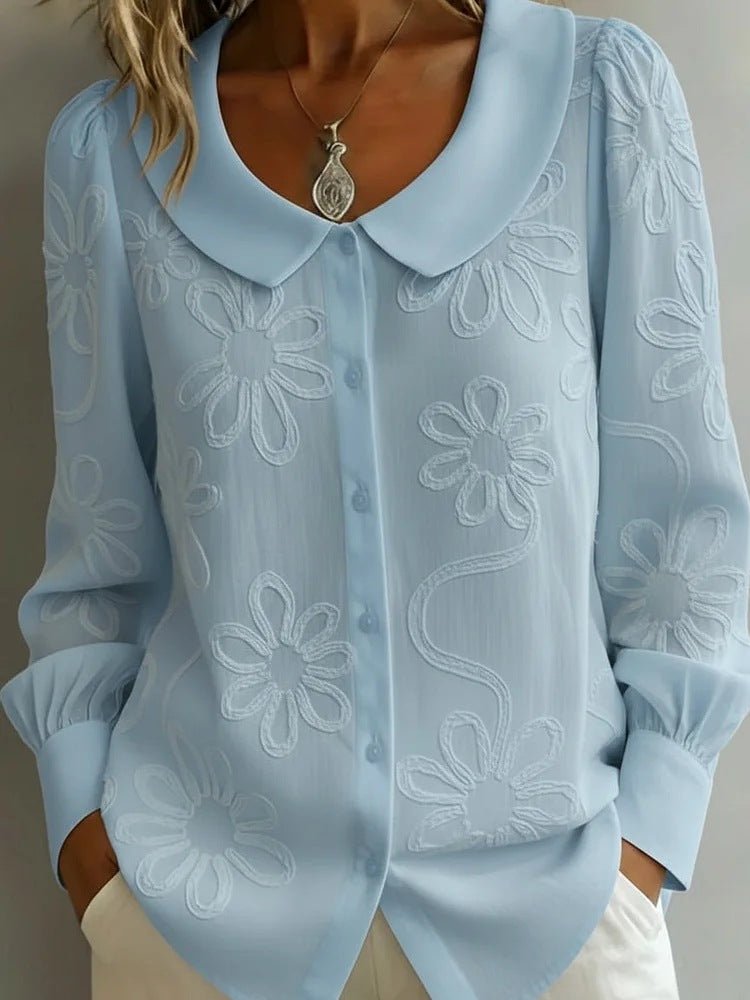 Damen Bluse mit Stickerei – Langarm Puppenkragen Shirt {{ DaniFest }}