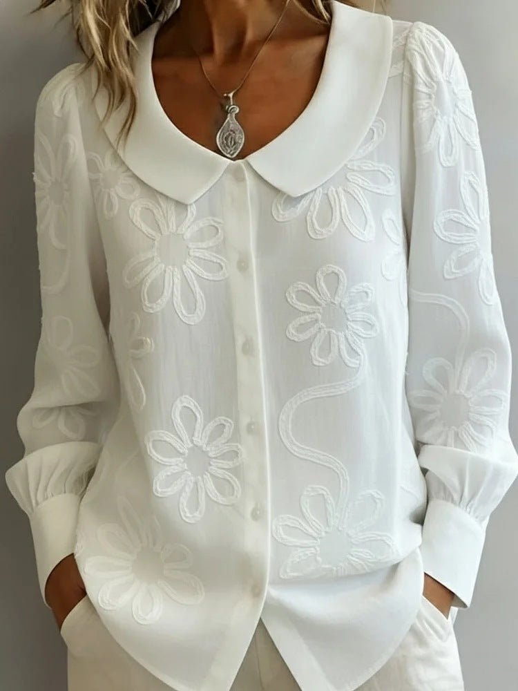 Damen Bluse mit Stickerei – Langarm Puppenkragen Shirt {{ DaniFest }}