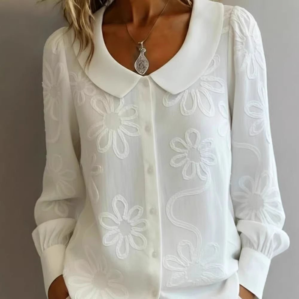 Damen Bluse mit Stickerei – Langarm Puppenkragen Shirt {{ DaniFest }}