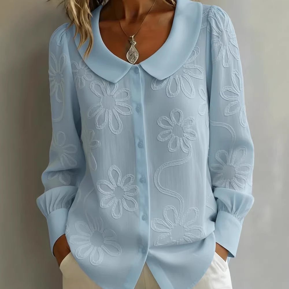 Damen Bluse mit Stickerei – Langarm Puppenkragen Shirt {{ DaniFest }}