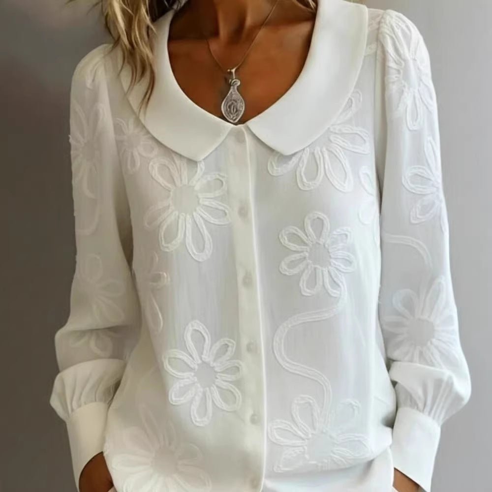 Damen Bluse mit Stickerei – Langarm Puppenkragen Shirt {{ DaniFest }}
