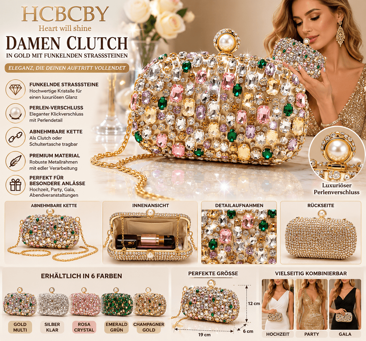Damen Clutch in Gold mit funkelnden Strasssteinen – Elegante Abendtasche {{ DaniFest }}