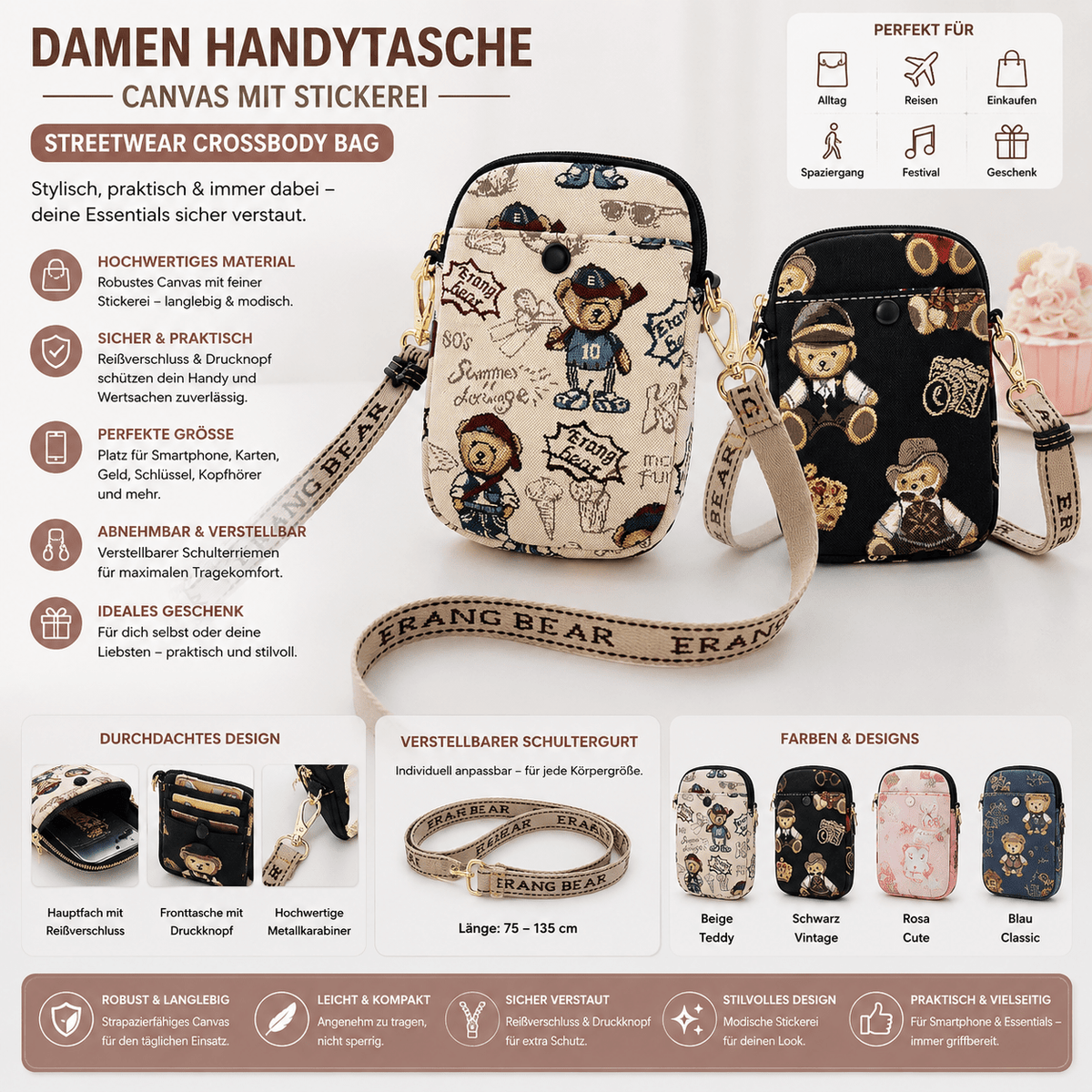 Damen Handytasche Crossbody – Canvas Umhängetasche mit Stickerei, Streetwear Mini Bag {{ DaniFest }}